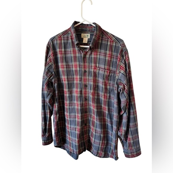 L.L.Bean Scotch Plaid Relaxed Fit Flannel Shirt Grey Button Up Long Sleeve L - Picture 2 of 9